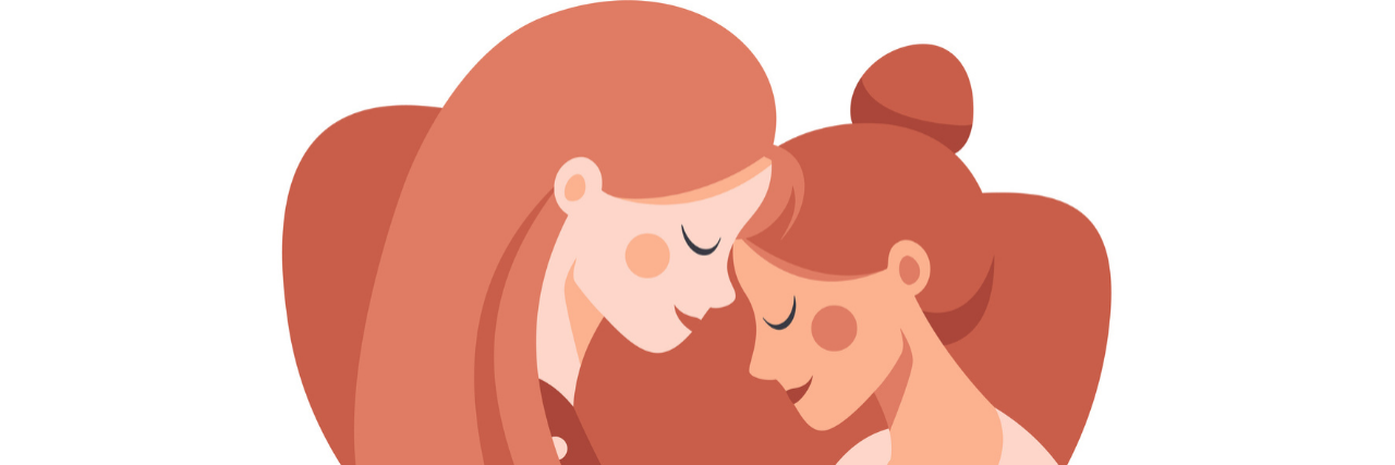 vector of a a white woman with red hair embracing a sister or daughter