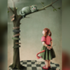 Alice in Wonderland, looking up at the Cheshire Cat, who sits in a tree