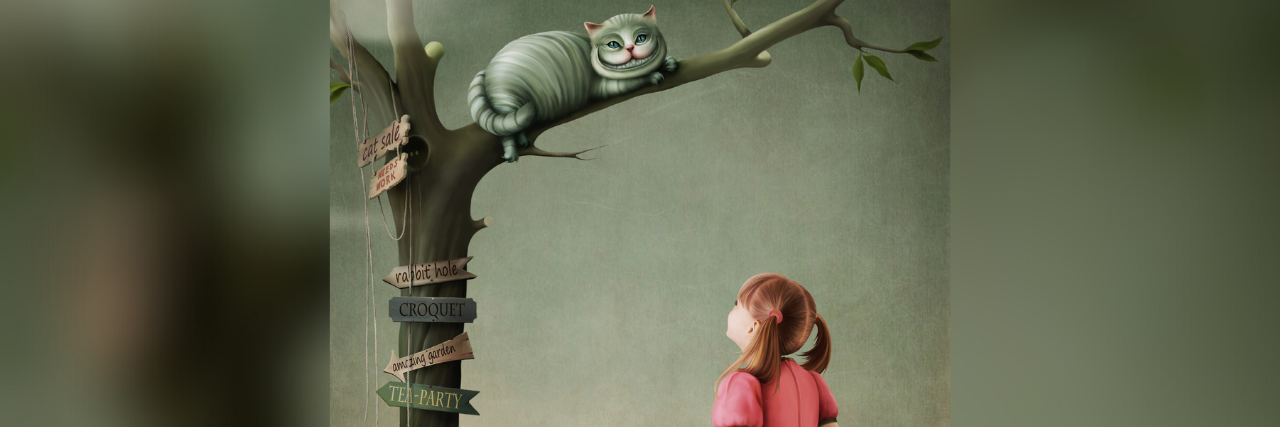 Alice in Wonderland, looking up at the Cheshire Cat, who sits in a tree
