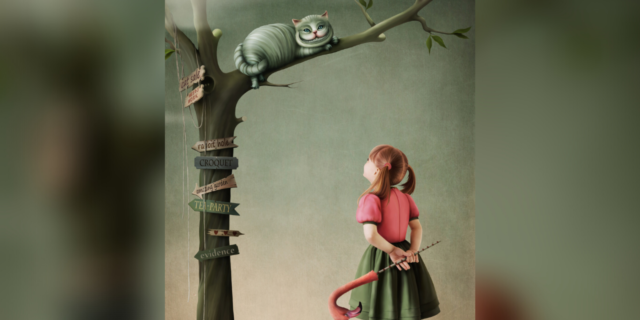 Alice in Wonderland, looking up at the Cheshire Cat, who sits in a tree