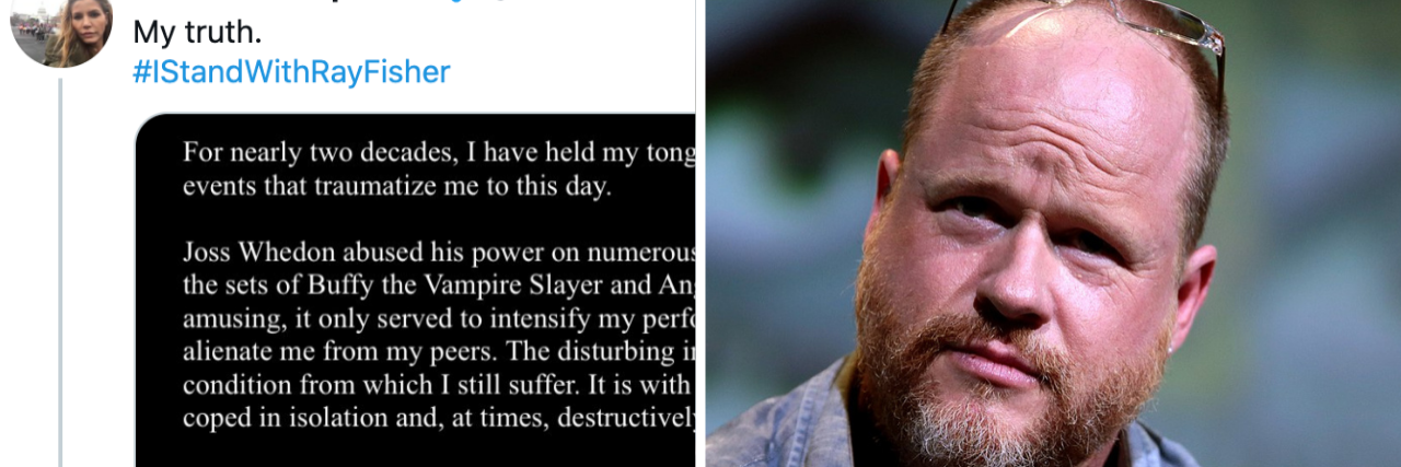 On the left: charisma carpenter's statement on Twitter. On the right: Joss Whedon