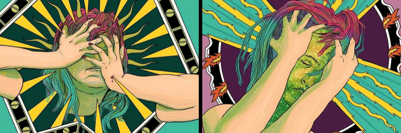 Art and Pins Inspired by Living With Chronic Migraine Art of a woman holding her face in her hands, in pain