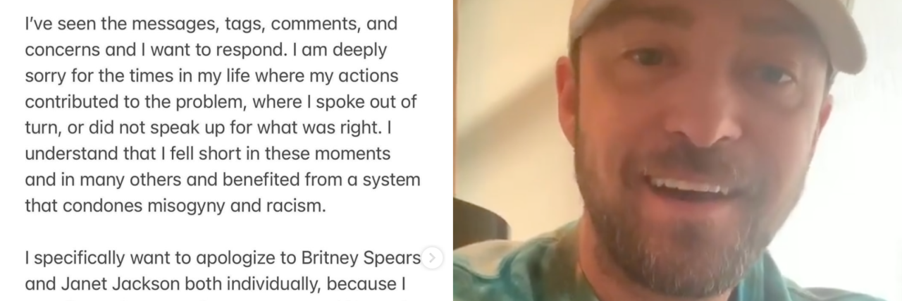 How Justin Timberlake's Apology Fails to Hold Him Accountable Justin Timberlake's apology next to his face.