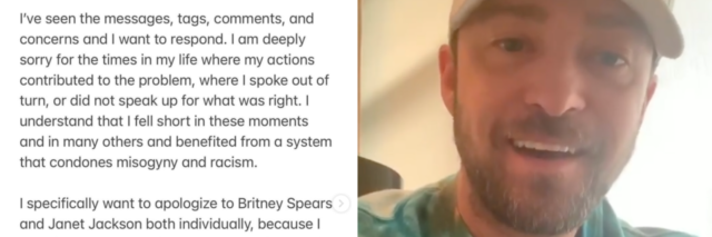 Justin Timberlake's apology next to his face.