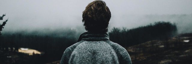 muted photo of a man, taken from behind in front of a foggy desolate forest and hilly landscape