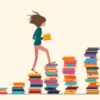 Illustration of woman reading a book while walking up stairs made out of piles of books