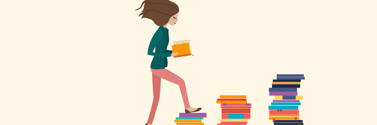 Illustration of woman reading a book while walking up stairs made out of piles of books