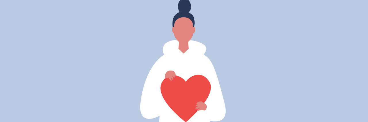 What Keeps Me Going on the Hard Days With Mental and Chronic Illness Vector of a woman in a white sweatshirt holding a red heart