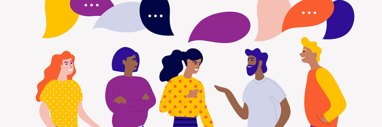 Illustration of characters with colorful dialog speech bubbles