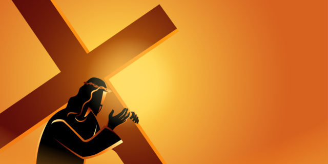 Biblical vector illustration series. Way of the Cross or Stations of the Cross, Jesus accepts his cross.