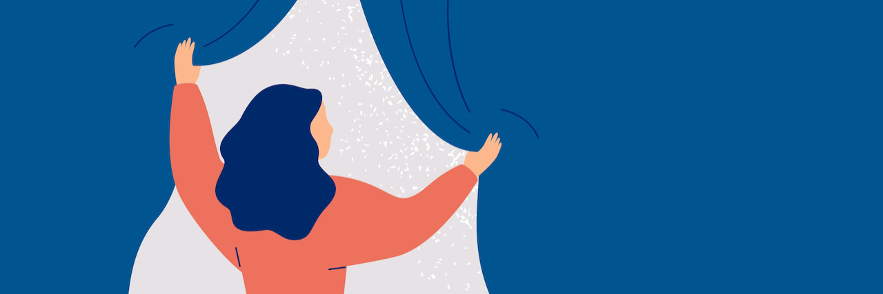 Mental Health Provider Shortages in America Illustration of a woman opening a curtain and seeing the light behind the curtain