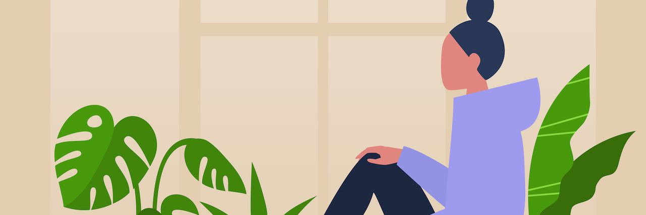Solitude Is Helping Me Grow With Dissociative Identity Disorder Illustration of woman sitting by the window surrounded by house plants