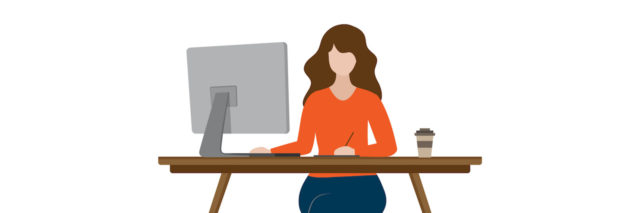 Illustration of a woman sitting at a desk working on a computer