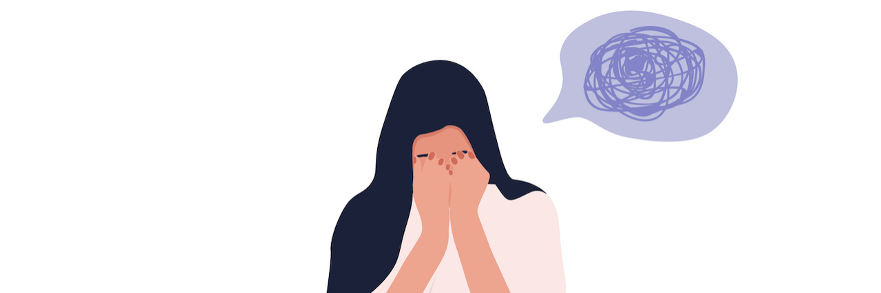 The Many Causes of Postpartum Depression Beyond Hormones Illustration of woman holding her head in her hands, her thoughts in a bubble.