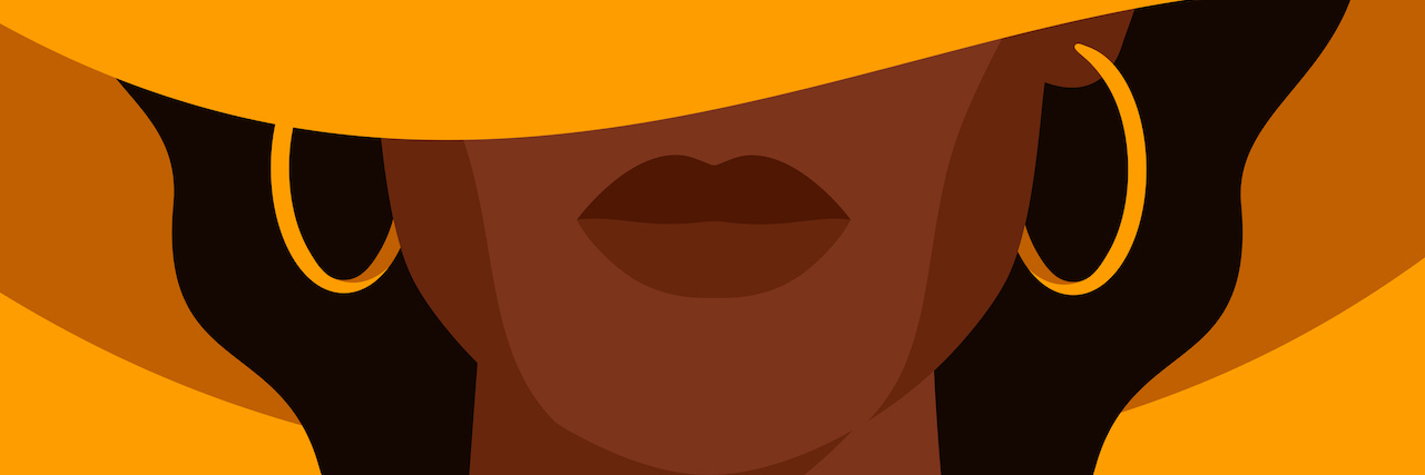 Illustration of a Black woman with a yellow cloth covering her eyes, wearing yellow hoop earrings