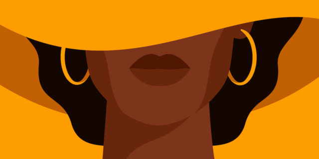 Illustration of a Black woman with a yellow cloth covering her eyes, wearing yellow hoop earrings