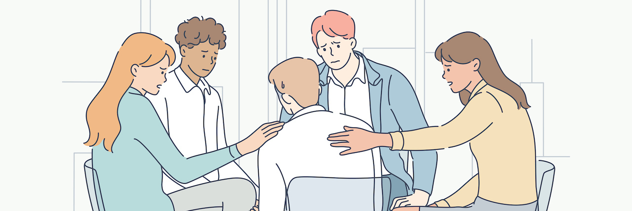 Addiction Recovery: What to Know About Going to Rehab illustration of people sitting in a circle, at a support group, comforting one of the members