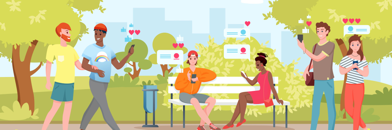 Illustration of diverse group of people using phones with likes and hearts appearing above them in the park