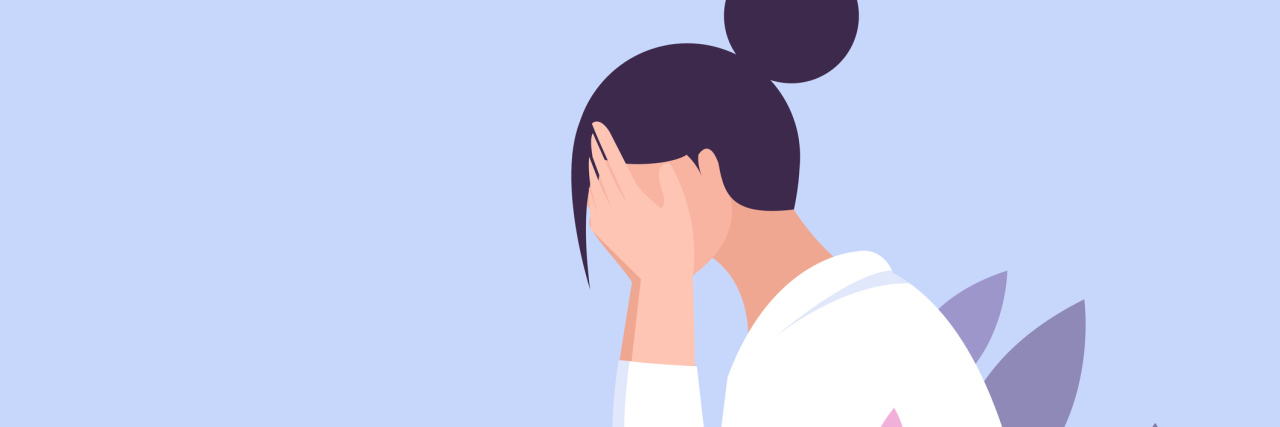 If You Still Don't Feel OK Because of the Pandemic, It's OK Vector of a woman with her hair in a bun, covering her face looking down