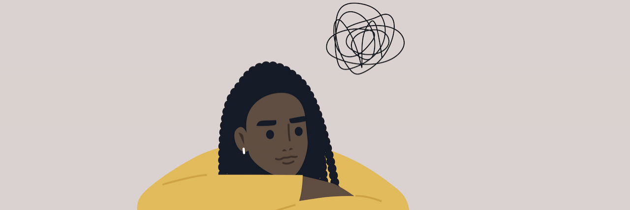 An illustration of a Black woman with locks sitting at a table with her head rested on her hands. There's a overlapping and clustered line next to her head