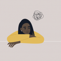 An illustration of a Black woman with locks sitting at a table with her head rested on her hands. There's a overlapping and clustered line next to her head