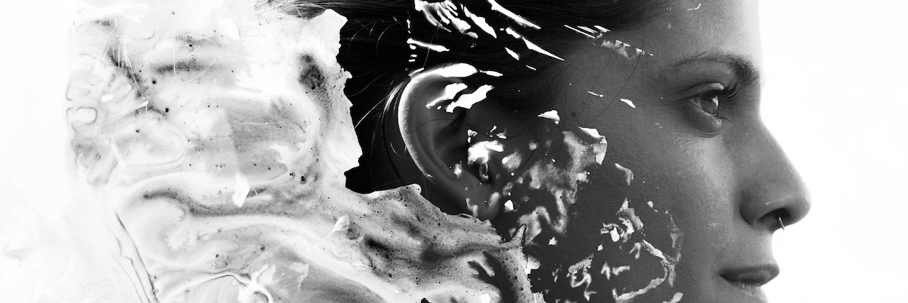 How Learning to Monitor My Thoughts Helped My Mental Health Paintography. Double Exposure portrait of woman's profile combined with hand drawn watercolor painting and flowers, black and white