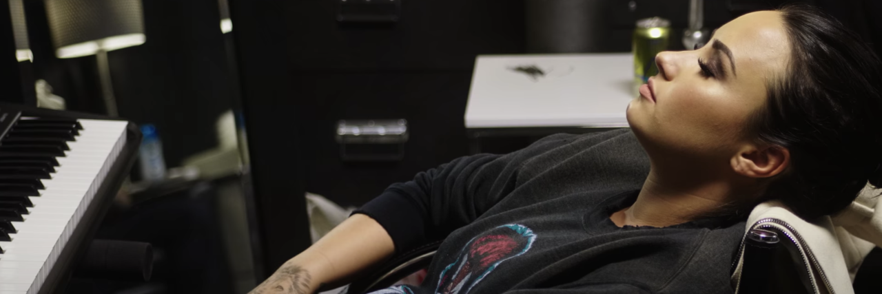 Demi Lovato Talks About Bipolar Misdiagnosis in New Documentary Demi Lovato in the studio looking up