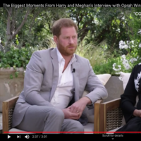 screenshot from Prince Harry and Meghan Markle's interview with Oprah Winfrey, showing the couple sitting beside each other, Meghan looking at Harry