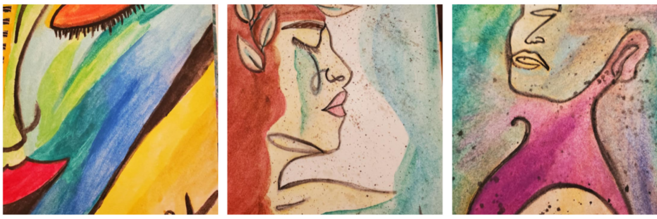 Sharing My Art Online Helped Me Find Myself With Complex PTSD Original drawings by author of 3 women's faces, side profiles, sad