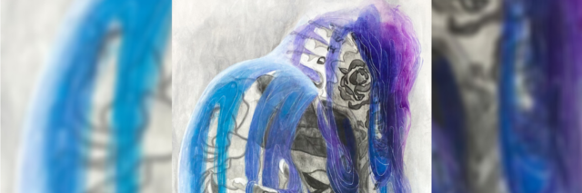 watercolor art by author of a skeleton sketch hunched over, holding itself with blue and purple paints draped over the body