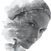 Paintography double exposure portrait of woman combined with abstract ink painting
