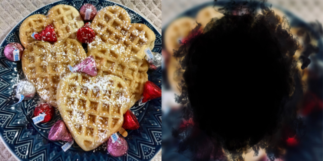 Left: Clear image of waffles with powdered sugar and chocolate. Right: The image is blacked out and fuzzy in the center.