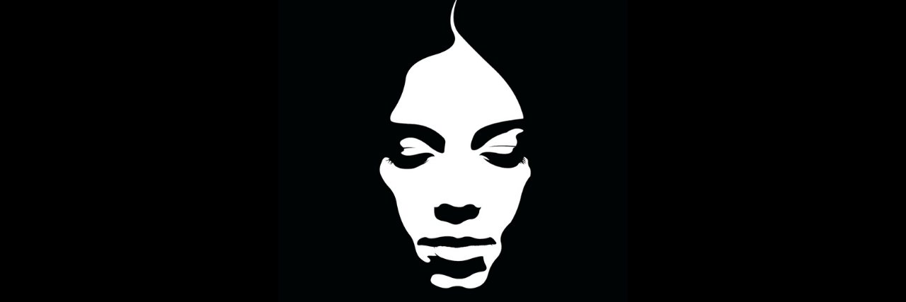 Black and white drawing of a woman's face looking downward, surrounded by black space
