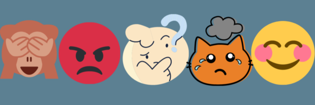 Illustration of five faces representing the five stages of grief