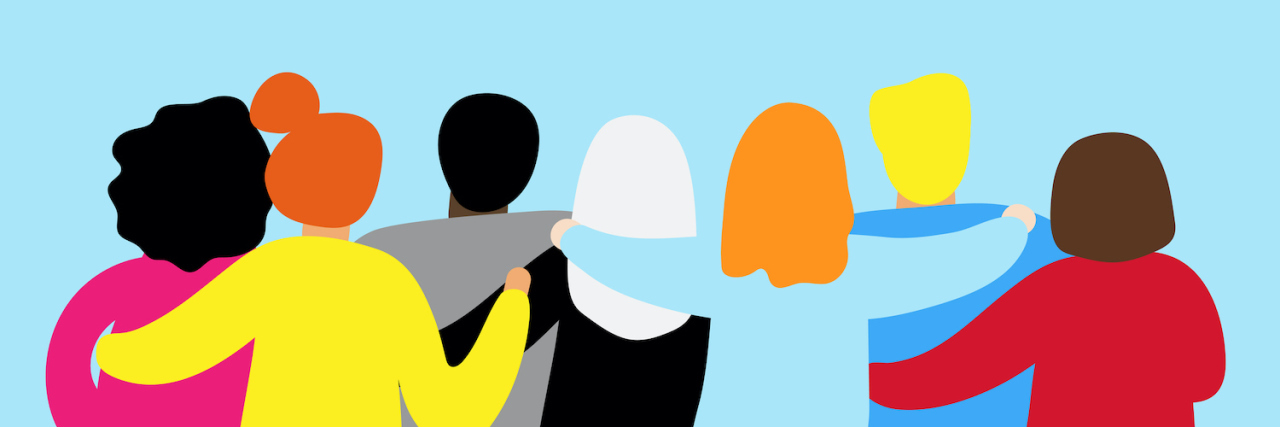 Making Connections at the Pulmonary Hypertension Support Group Illustration of diverse group of people from the back, standing with their arms around each other.