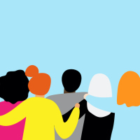 Illustration of diverse group of people from the back, standing with their arms around each other.