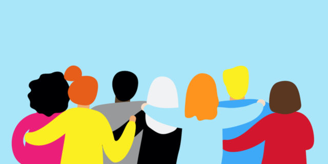 Illustration of diverse group of people from the back, standing with their arms around each other.
