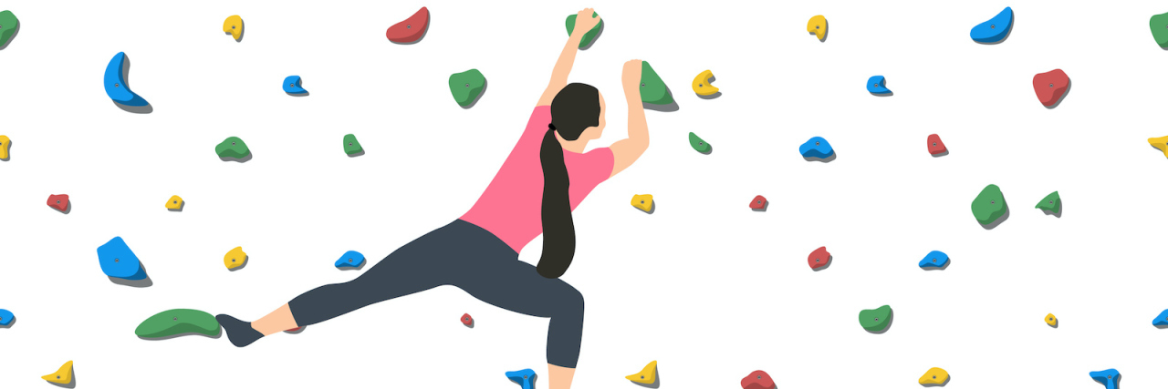 Surmounting Challenges With My Schizophrenia Diagnosis Illustration of woman climbing rock wall