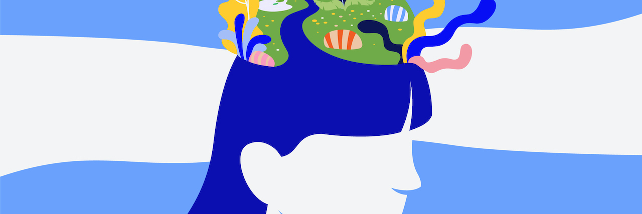 Using Language and Imagery as a Tool for Managing Anxiety Illustration of woman with image of house and plants coming out of the top of her head