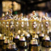 Oscar awards on a table.