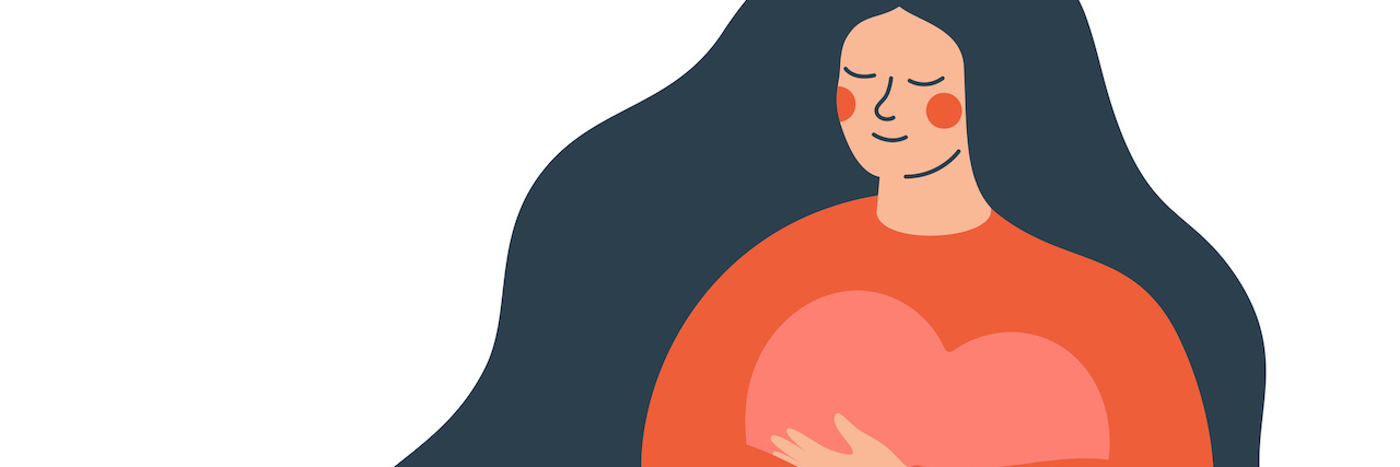 Loving My Post-Pandemic Body as Someone With Chronic Illness Illustration of woman hugging a large heart across herself