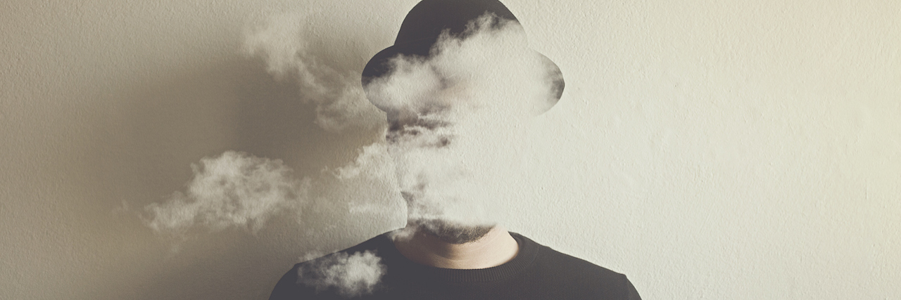 In the Mind of Someone With Auditory Hallucinations A man wearing a hat with clouds over his head