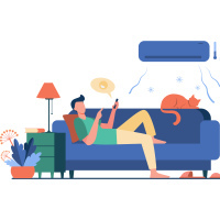 Drawing of man relaxing on sofa.