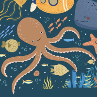 Drawing of octopus and sea life.