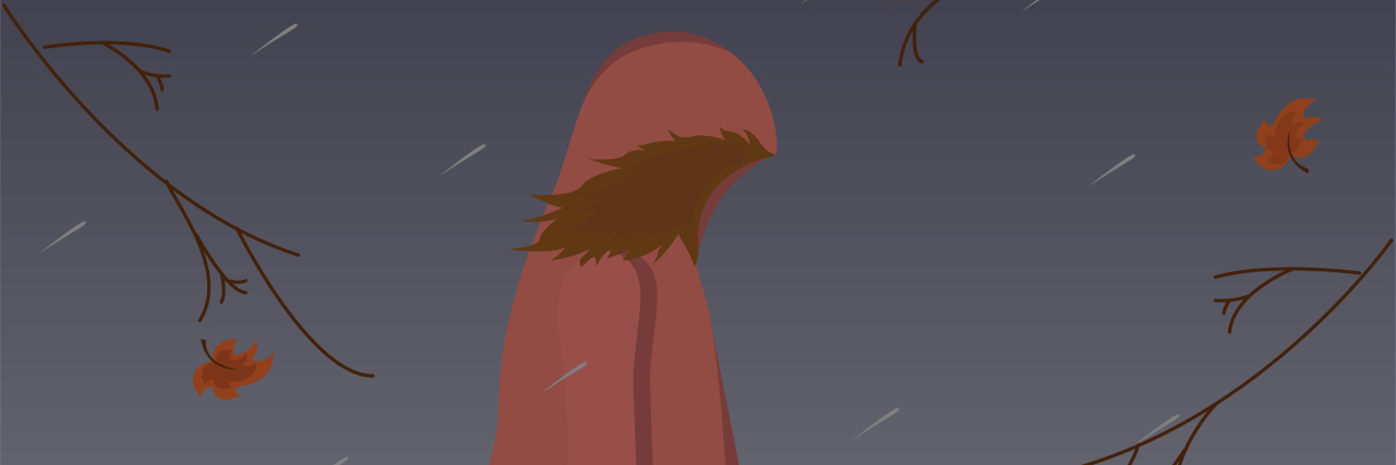 Vector of a sad, young girl in a pink rain jacket standing outside with rain and wind blowing