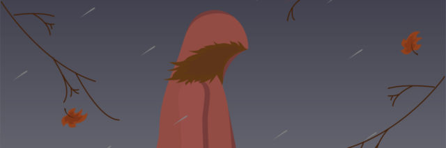 Vector of a sad, young girl in a pink rain jacket standing outside with rain and wind blowing