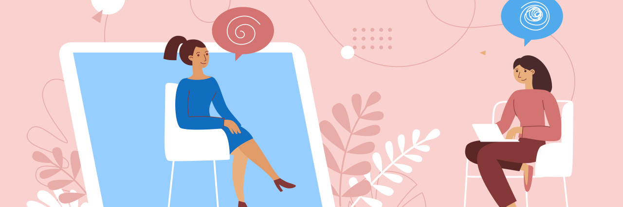 What To Do if You Feel Like Therapy Isn't Helping illustration of a woman on a laptop screen and a woman sitting on a chair, linked by speech bubbles and lines of thought