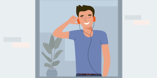 Illustration of man listening to music with headphones in the window
