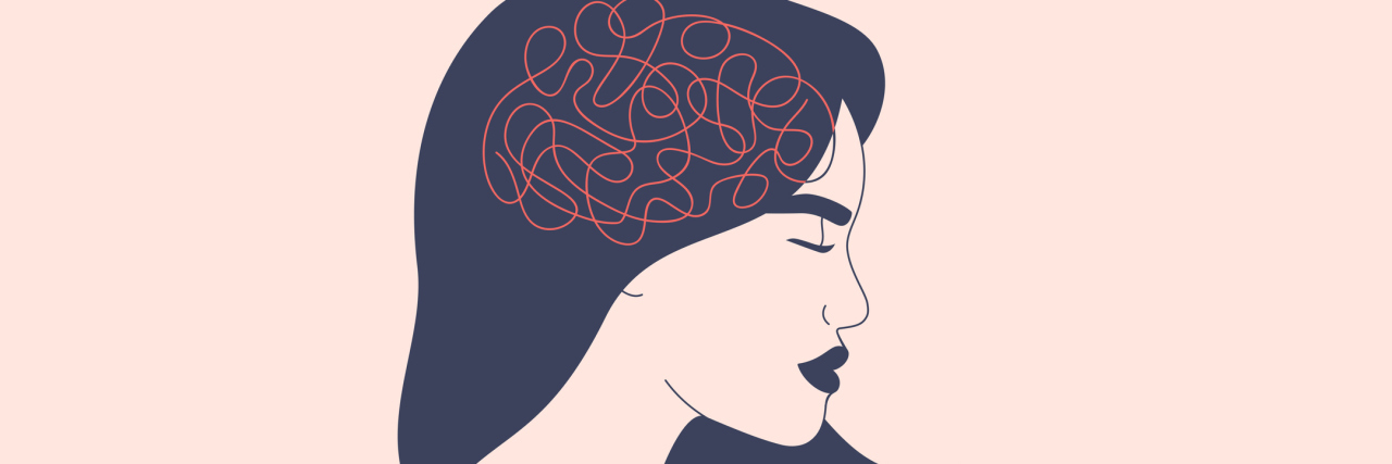 vector of a white woman turned to the side with confusing swirls inside her brain