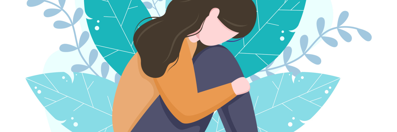 My Experience In a Crisis House With Complex PTSD illustration of a woman sitting on the ground hugging her knees with leaves behind her